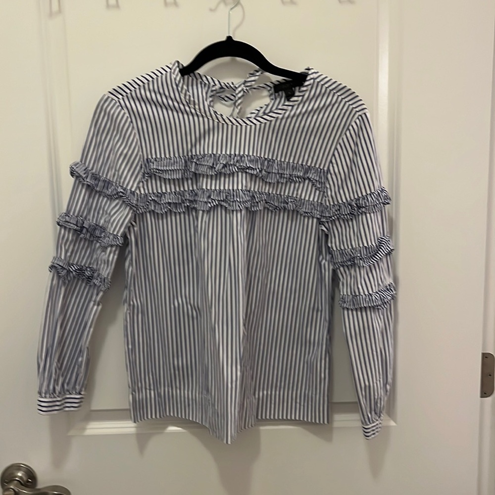 J.Crew blue and white striped top with ruffles